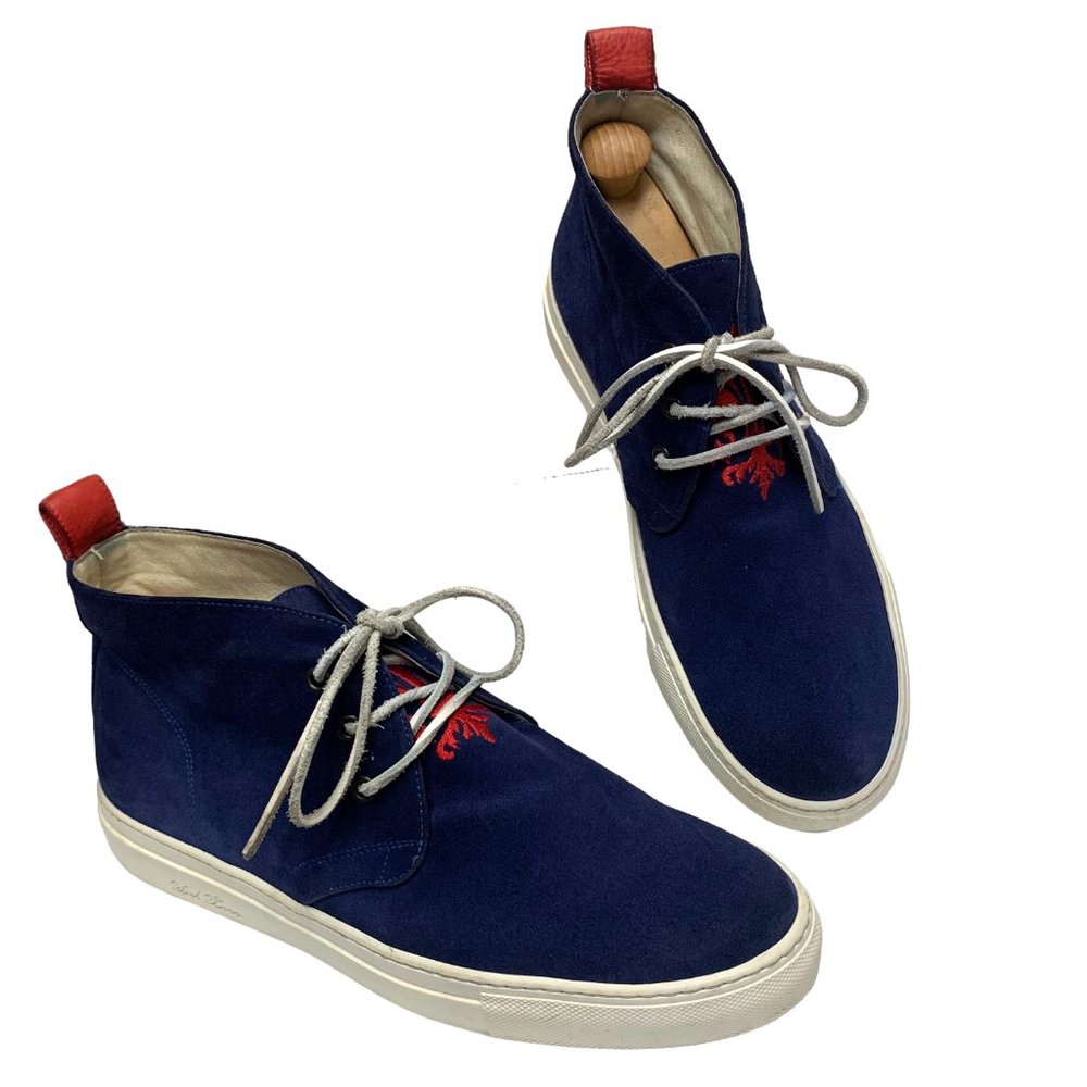 Del Toro Italian Navy Suede Red‎ Embroidered Tongue Chukka Sneakers